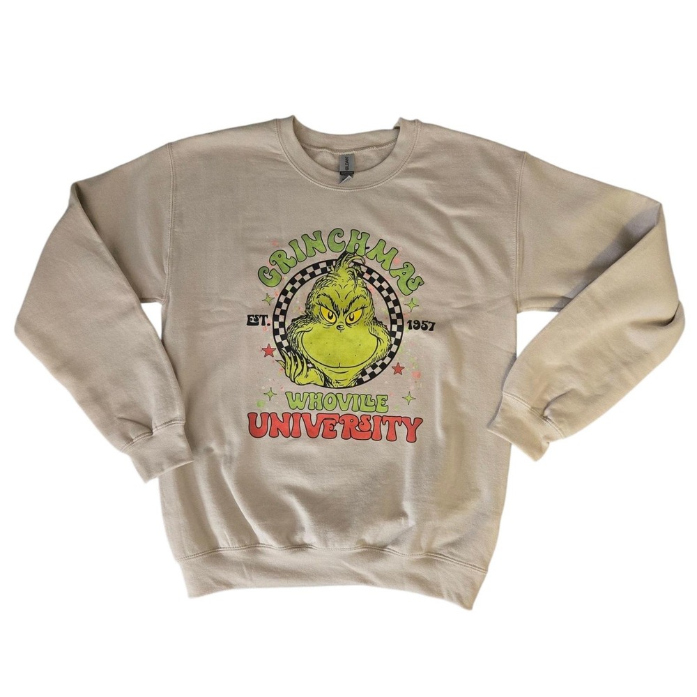 Grinchmas Whoville‎ University Crewneck Gildan Sweatshirt Beige Christmas Small - Picture 4 of 8